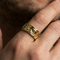 Load image into Gallery viewer, Gold plated Benjamin Franklin portrait ring worn on finger, rich shine defining the facial contours and refined heritage-inspired style.