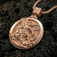 Load image into Gallery viewer, Rose gold plated Saint Michael pendant necklace on dark volcanic rock, photographed in a detailed premium studio macro view.