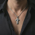 Load image into Gallery viewer, Polished silver Jesus Ascension cross pendant necklace worn on the neck, shown against the chest in a clean and elegant everyday wear composition.