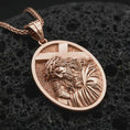 Load image into Gallery viewer, Rose gold plated Jesus carrying cross pendant necklace on dark volcanic rock, photographed in a detailed premium studio macro view.