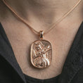 Load image into Gallery viewer, Rose gold plated Spartan warrior pendant necklace worn on the neck, presented in a close-up lifestyle shot with a refined masculine aesthetic.