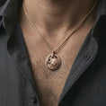Load image into Gallery viewer, Rose gold plated Spartan warrior pendant necklace worn on the neck, presented in a close-up lifestyle shot with a refined warrior aesthetic.