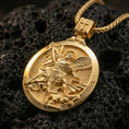 Load image into Gallery viewer, Gold plated Saint Michael pendant necklace presented on porous volcanic rock, highlighting the round medallion form and sacred protective design in a luxurious close-up jewelry image.