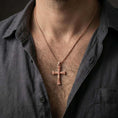 Load image into Gallery viewer, Rose gold plated Orthodox cross pendant necklace worn on the neck, presented in a close-up lifestyle shot with a refined masculine aesthetic.