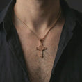 Load image into Gallery viewer, Rose gold plated Knights Templar cross pendant necklace worn on the neck, shown in a refined model photograph with a symbolic Christian and medieval-inspired presence.