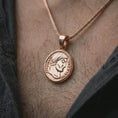 Load image into Gallery viewer, Rose gold plated Emperor Constans coin pendant necklace worn on the neck, presented in an elegant model photograph with a timeless Roman and collector-inspired aesthetic.