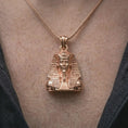 Load image into Gallery viewer, Rose gold plated Tutankhamun pendant necklace worn on the neck, presented in a close-up lifestyle shot with a refined Egyptian aesthetic.