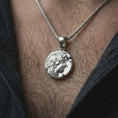 Load image into Gallery viewer, Polished silver Athena owl coin pendant necklace worn on the neck, shown in a clean model shot with the classical owl coin pendant centered for a refined antiquity-inspired look.