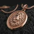 Load image into Gallery viewer, Rose gold plated lion medallion pendant necklace on dark volcanic rock, photographed in a detailed premium studio macro view.