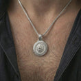 Load image into Gallery viewer, Polished silver Viking lion medallion pendant necklace worn on the neck, shown against the chest in a clean and striking everyday wear composition.