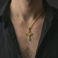 Load image into Gallery viewer, Gold plated Knights Templar cross pendant necklace worn on the neck, captured in a premium lifestyle composition with the engraved seal pendant centered on the chest.