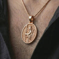 Load image into Gallery viewer, Rose gold plated Achaemenid soldier pendant necklace worn on the neck, presented in an elegant model photograph with a strong historical and symbolic jewelry aesthetic.