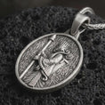 Load image into Gallery viewer, Sterling silver Achaemenid soldier pendant necklace with an oxidized finish resting on textured volcanic rock, captured in a close-up premium studio composition with a spear-bearing Persian warrior in oval relief.