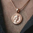 Load image into Gallery viewer, Rose gold plated Roman coin pendant necklace worn on the neck, presented in an elegant model photograph with a timeless Roman and collector-inspired aesthetic.