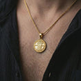 Load image into Gallery viewer, Gold plated Pope Innocent coin pendant necklace worn on the neck, captured in a premium lifestyle composition that highlights the papal coin motif as a distinctive religious jewelry accent.