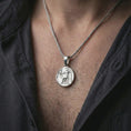 Load image into Gallery viewer, Polished silver Alexander the Great coin pendant necklace worn on the neck, shown in a clean model shot with the classical Greek medallion centered for a refined antiquity-inspired look.