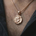 Load image into Gallery viewer, Rose gold plated Athena owl coin pendant necklace worn on the neck, presented in an elegant model photograph with a timeless Greek mythology and collector-inspired aesthetic.