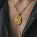 Load image into Gallery viewer, Gold plated Saint Joseph and Jesus pendant necklace worn on the chest, premium lifestyle jewelry photo with the Saint Joseph and child Jesus medal centered on a spiga chain.
