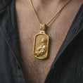 Load image into Gallery viewer, Gold plated Jesus prayer dog tag pendant necklace worn on the chest, premium lifestyle jewelry photo with the Jesus prayer dog tag medal centered on a spiga chain.