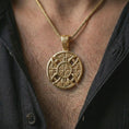 Load image into Gallery viewer, Gold plated Celtic cross pendant necklace worn on the chest, premium lifestyle jewelry photo with the round Celtic cross pendant centered on a spiga chain.