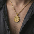 Load image into Gallery viewer, Gold plated Masonic pendant necklace worn on the chest, premium lifestyle jewelry photo with the Freemason medallion centered on a spiga chain.