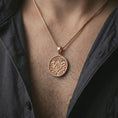 Load image into Gallery viewer, Rose gold plated Masonic pendant necklace worn on the chest, close-up lifestyle shot featuring the symbolic Masonic design with warm rose gold tones.