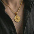 Load image into Gallery viewer, Gold plated Capricorn zodiac pendant necklace worn on the chest, premium lifestyle jewelry photo with the Capricorn sea goat pendant centered on a spiga chain.
