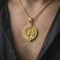 Load image into Gallery viewer, Gold plated Scorpio zodiac pendant necklace worn on the chest, premium lifestyle jewelry photo with the Scorpio scorpion pendant centered on a spiga chain.