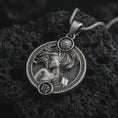 Load image into Gallery viewer, Oxidized Virgo zodiac pendant necklace on textured volcanic rock, close-up studio shot highlighting the elegant woman relief, flowing hair, sun detail, and antique silver contrast.