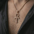 Load image into Gallery viewer, Rose gold plated ankh cross pendant necklace worn on the chest, close-up lifestyle shot featuring the ancient key of life design with warm rose gold tones.