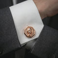 Load image into Gallery viewer, Rose gold plated gorilla cufflinks worn on a suit cuff, close-up lifestyle shot featuring the powerful ape design with warm rose gold tones.