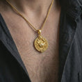 Load image into Gallery viewer, Gold plated Cancer zodiac pendant necklace worn on the chest, premium lifestyle jewelry photo with the Cancer crab pendant centered on a spiga chain.