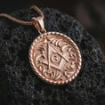 Load image into Gallery viewer, Rose gold plated Masonic pendant necklace on textured volcanic rock, detailed macro product shot with soft warm reflections and symbolic Freemason styling.