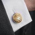 Load image into Gallery viewer, A gold plated Jesus Crown of Thorns cufflink is worn on a white cuff in a close-up lifestyle shot, styled as a thoughtful religious gift for Christian men.