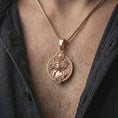 Load image into Gallery viewer, Rose gold plated Virgo zodiac pendant necklace worn on the chest, close-up lifestyle shot featuring the refined Virgo zodiac design with warm rose gold tones.