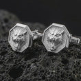 Load image into Gallery viewer, Polished silver tiger head cufflinks are displayed on black volcanic rock in a premium macro studio close-up with sharp facial texture and clean geometric edges.