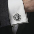 Load image into Gallery viewer, A polished silver fox head cufflink is worn on a shirt cuff in a premium close-up lifestyle image, showing the sculpted fox face clearly.