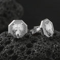 Load image into Gallery viewer, Polished silver bear head cufflinks are displayed on black volcanic rock in a premium macro studio close-up with detailed fur texture and clean geometric edges.