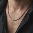 Load image into Gallery viewer, Polished sterling silver box chain worn close to the neck, showing its clean geometry and smooth everyday drape.