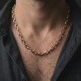 Load image into Gallery viewer, Rose gold plated mariner chain worn on a male model, highlighting its rounded links, warm finish, and masculine jewelry profile.