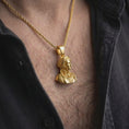 Load image into Gallery viewer, Gold plated architectural bust pendant worn on neck in close-up lifestyle shot