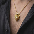 Load image into Gallery viewer, Gold plated fox necklace worn on the chest, highlighting the pointed ears, expressive eyes, textured fur, and bold fox lover jewelry aesthetic.