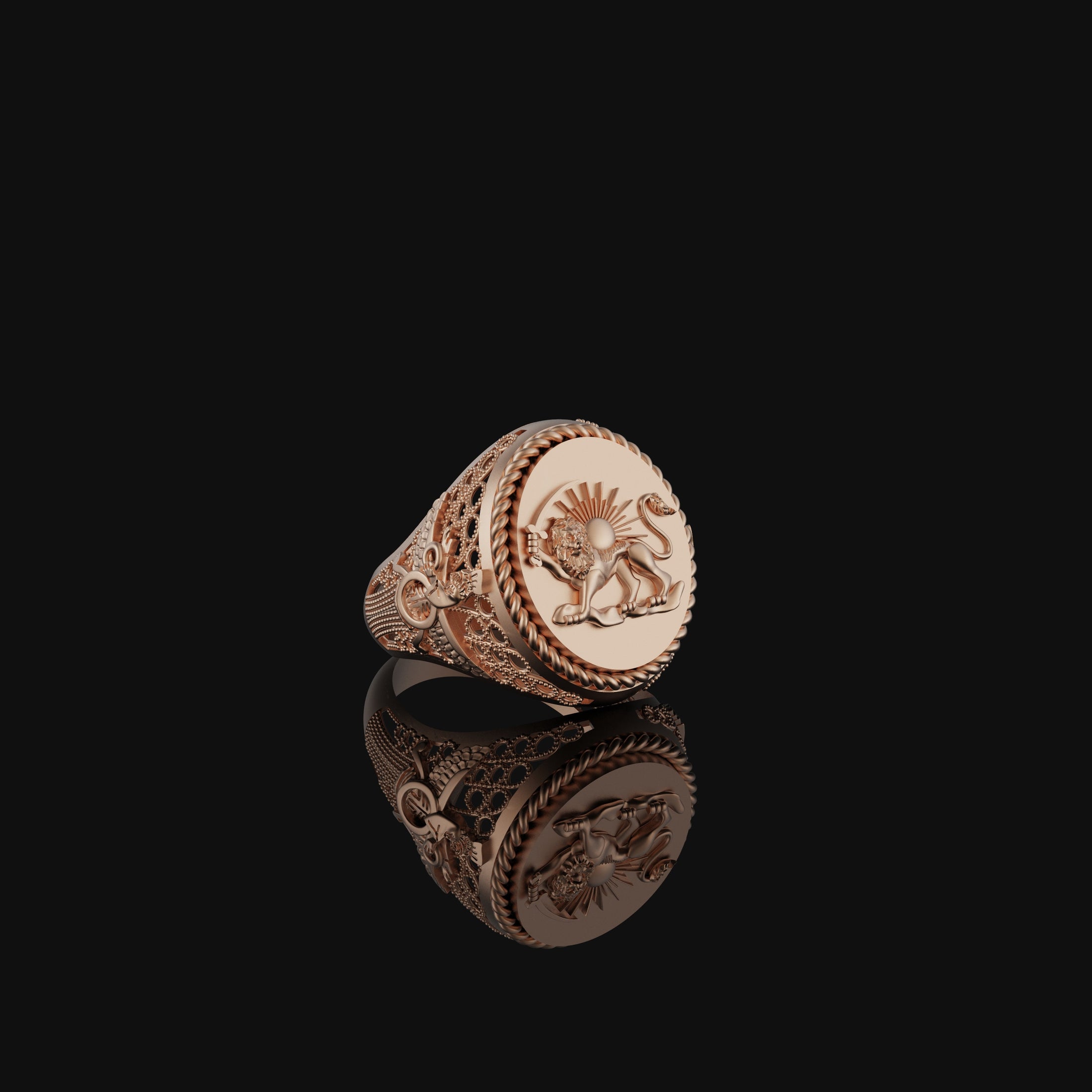 Lion Sun Ring, Farvahar Ring, Persian Symbol Ring, Heritage Gift, Zoroastrianism Jewelry, Persian Lion Ring, Silver Farvahar Rose Gold Finish