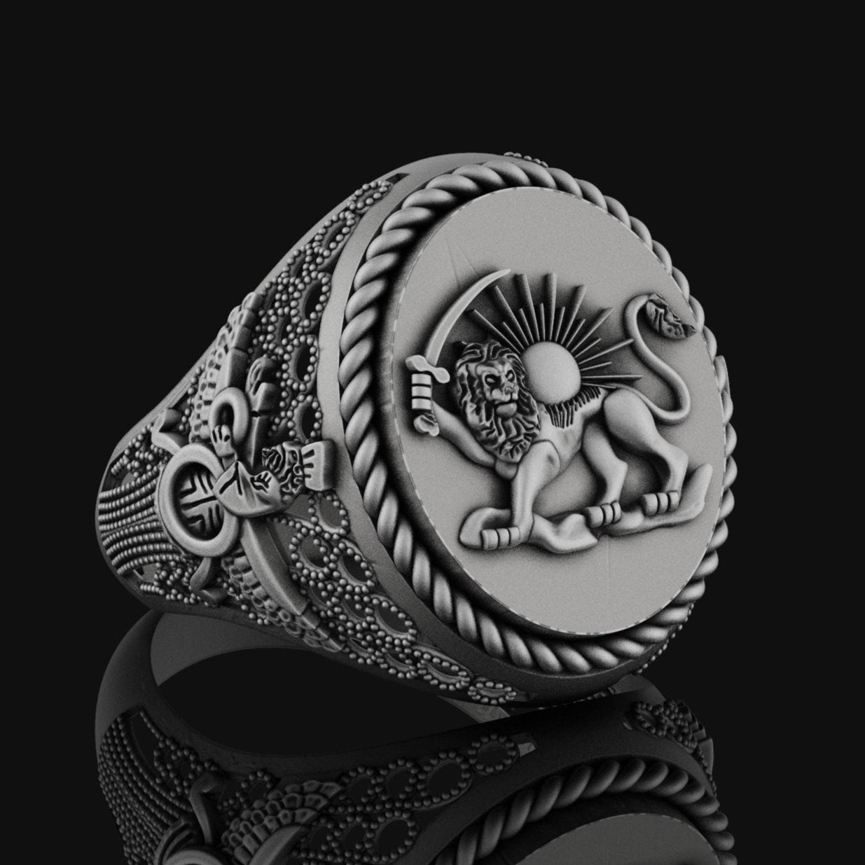 Lion Sun Ring, Farvahar Ring, Persian Symbol Ring, Heritage Gift, Zoroastrianism Jewelry, Persian Lion Ring, Silver Farvahar Oxidized Finish