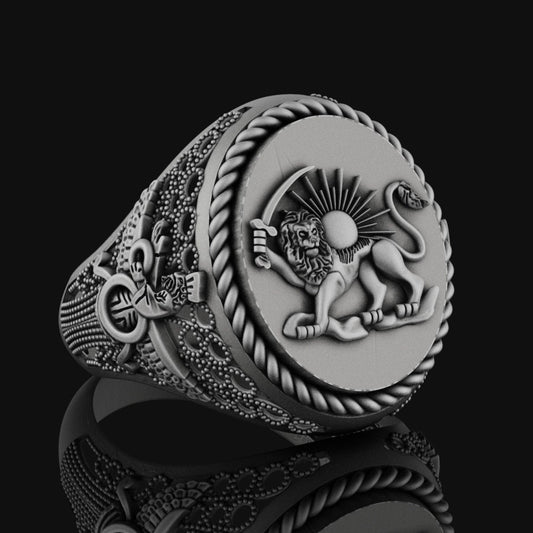 Lion Sun Ring, Farvahar Ring, Persian Symbol Ring, Heritage Gift, Zoroastrianism Jewelry, Persian Lion Ring, Silver Farvahar Oxidized Finish