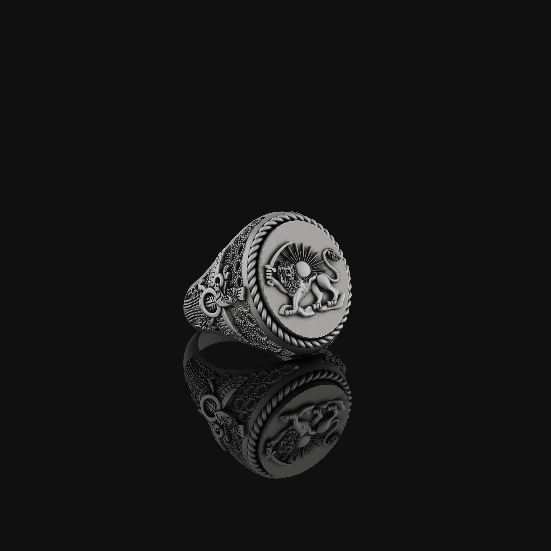 Lion Sun Ring, Farvahar Ring, Persian Symbol Ring, Heritage Gift, Zoroastrianism Jewelry, Persian Lion Ring, Silver Farvahar Oxidized Finish
