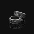 Load image into Gallery viewer, Spinning Ancient Greek Crowd Wedding Band, Engravable Inside, Symbol of History & Unity Oxidized Finish