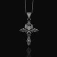 Load image into Gallery viewer, Silver Gothic Skull Cross Necklace, Wooden Texture Design, Unique Dark Aesthetic Jewelry Oxidized Finish