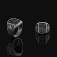 Bild in Galerie-Betrachter laden, Saint Michael Defeating Satan Silver Ring, Cross Pattern Band, Men's Religious Jewelry, Christian Gift of Protection Oxidized Finish