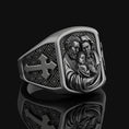 Load image into Gallery viewer, Holy Family Silver Ring, Jesus Mary Joseph, Men's Cross Pattern Band, Religious Christian Jewelry, Spiritual Gift